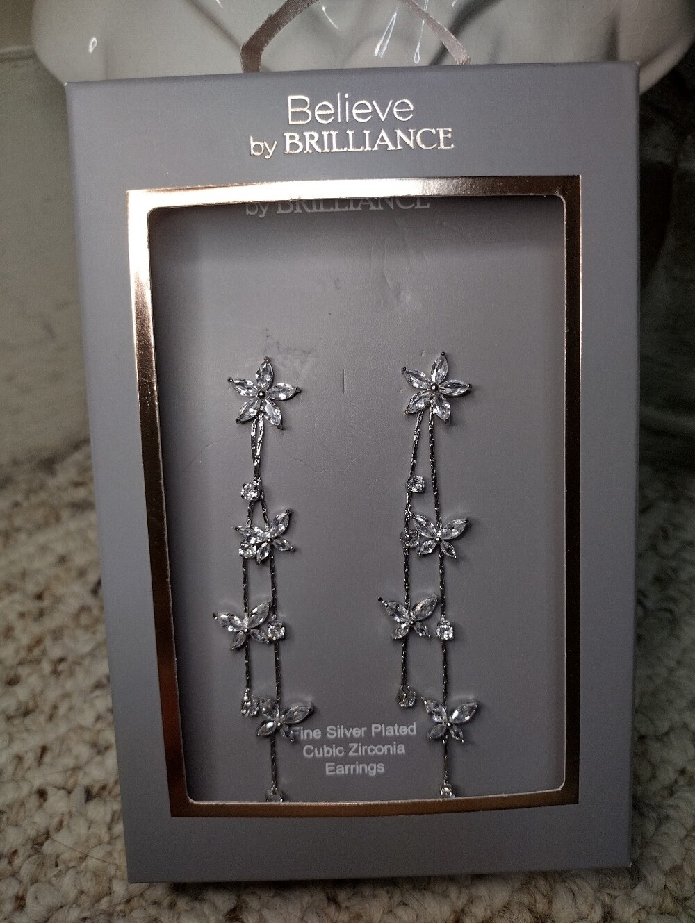 Believe By Brilliance Dangly Flower Shaped Silver Plated Cubic Zirconia Earrings